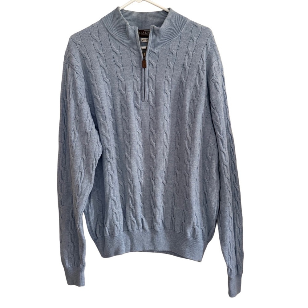 Patrick James Reserve Wool Cashmere Blue Cable Knit Grandpa Quarter Zip Sweater